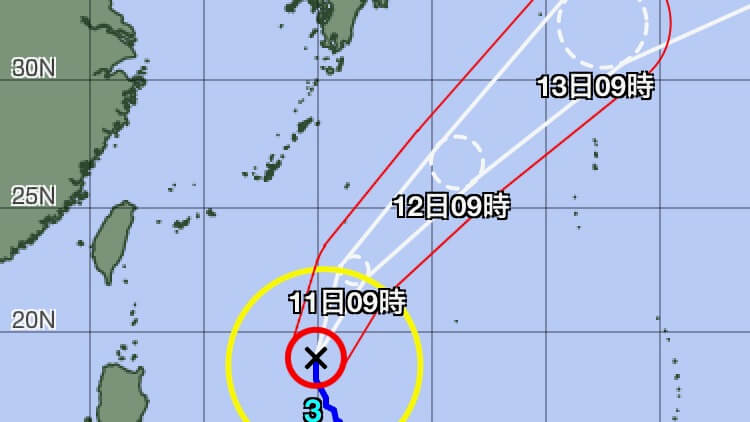 台風3号の進路図では沖縄から離れていく予報